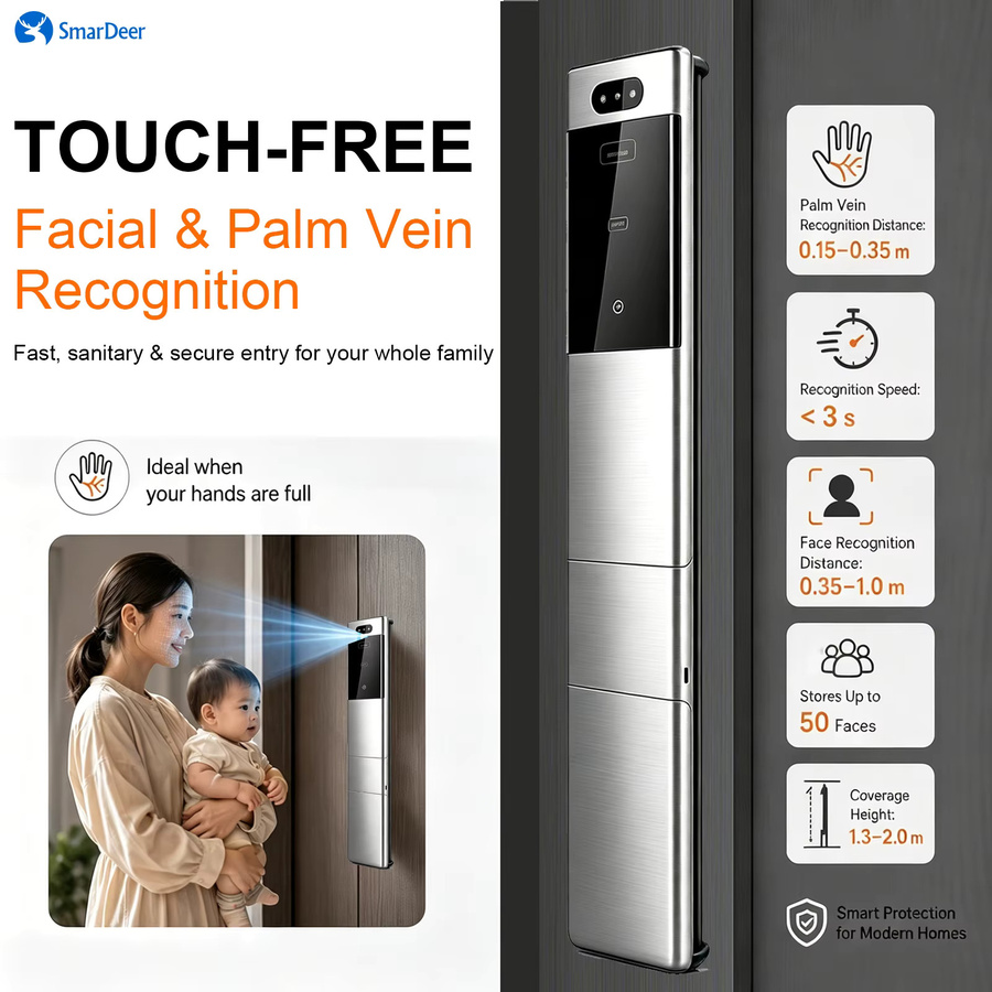 SmarDeer Smart Door Lock mit 3D-Gesichts- und Handvenenerkennung, IP66 wasserdicht, ultradünnes elektronisches Türschloss in Silber - Bild 4