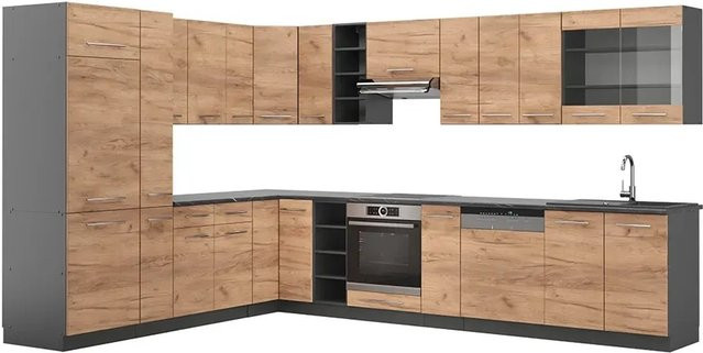 Vicco Fame-Line Eckküche Goldkraft in Eiche und Anthrazit, moderne Küchenzeile mit Soft-Close-Türen, Breite: 347 cm, Tiefe: 257 cm - Bild 1