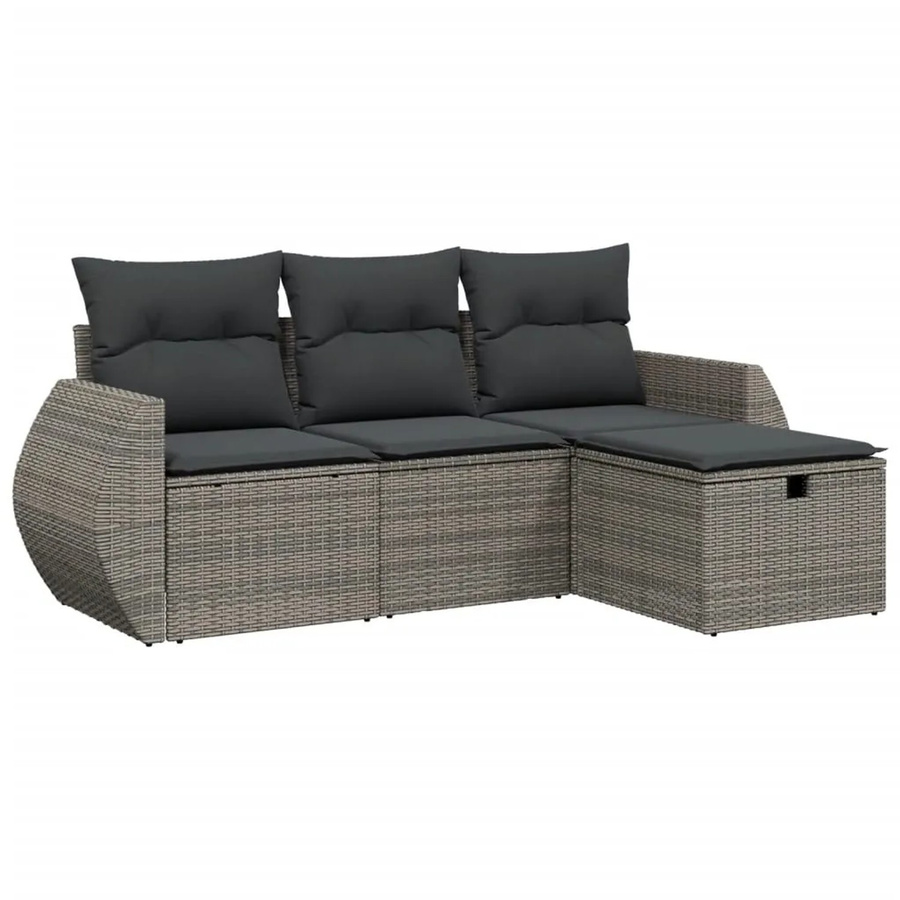 vidaXL 4-teilige Garten-Sofagarnitur in L-Form mit Polsterkissen und Ottoman, Grau, Poly Rattan und Metallrahmen - Bild 2