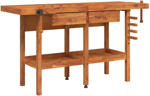 vidaXL Werkbank aus Akazienholz mit Schubladen und Schraubstöcken, Braun, B/T/H: 162 x 62 x 83 cm - Bild 1