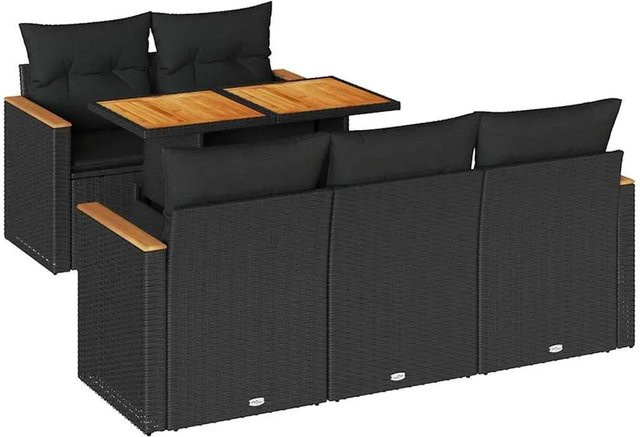 vidaXL 6-teilige Garten-Sofagarnitur aus Poly-Rattan und Akazienholz in Schwarz mit Kissen - Bild 1