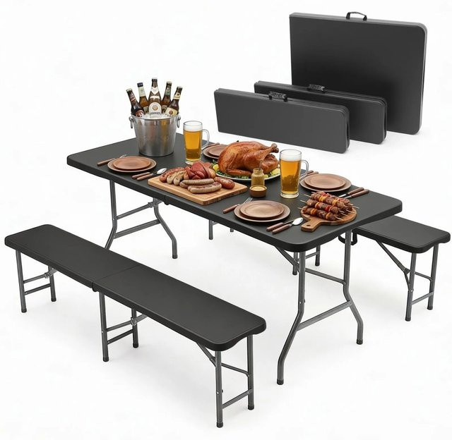 Sekey Bierzeltgarnitur Schwarz mit 1 Tisch und 2 Bierbänken, klappbares Set aus Polyethylen und Stahlrahmen, Breite: 180 cm - Bild 1