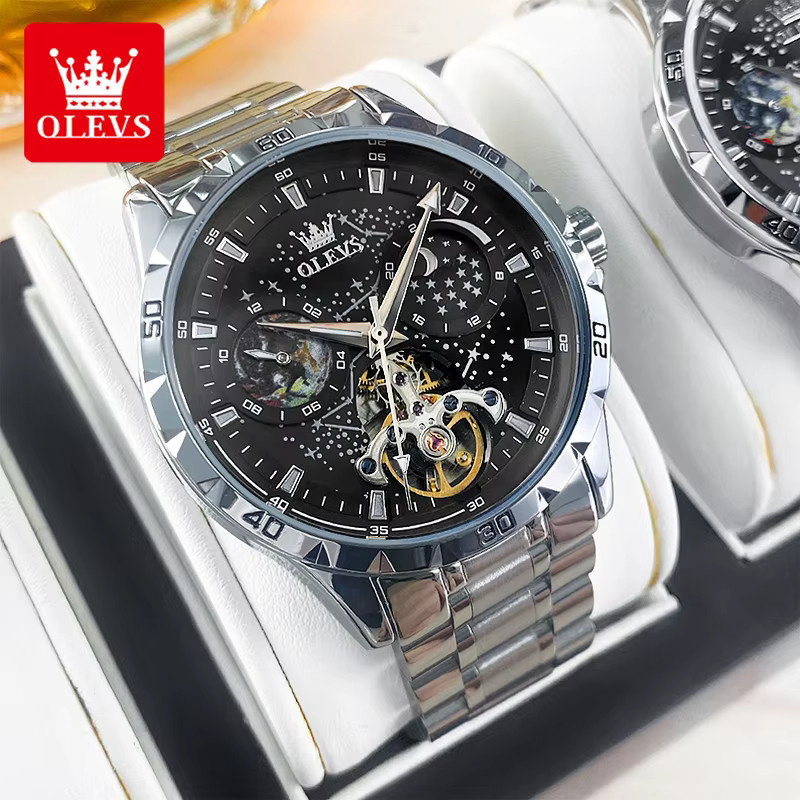 OLEVS Chronograph, Automatik, Edelstahl, Schwarz, Silber, Herren - Bild 4