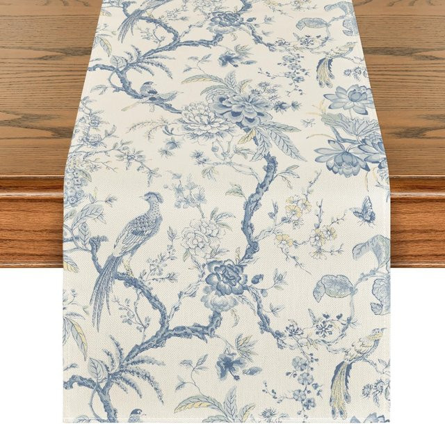 JINGYUE Pet Tischläufer Chinoiserie Pfauenblume aus Leinen in Grau und Blau, B: 33 cm, L: 150 cm - Bild 1