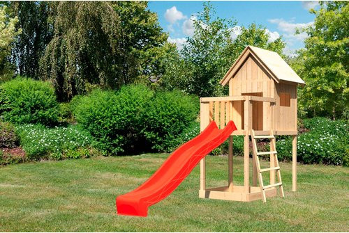 Karibu Kinderspielhaus Frieda Set mit Anbau und Rutsche in Natur und Rot - Bild 3