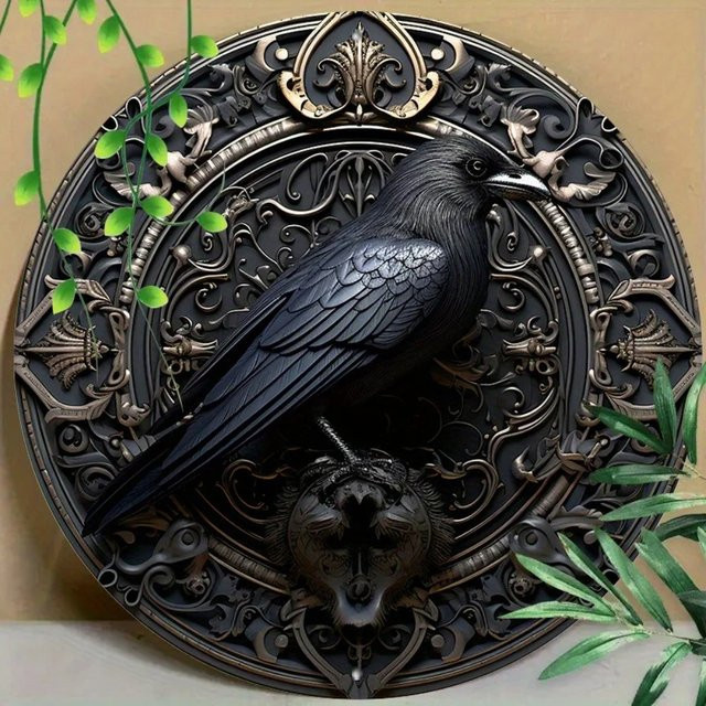 Potdemiel Gothic Crow Aluminium-Wandkunst, rundes Metallschild in Schwarz, Durchmesser: 20,3 cm - Bild 1