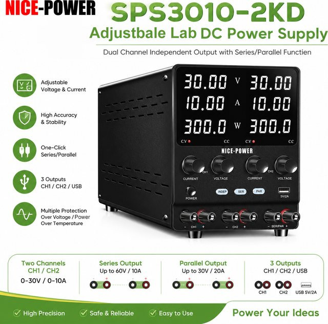 NICE-POWER SPS3010-2KD Einstellbares DC-Labornetzgerät in Schwarz mit 30V 10A 300W, Zweikanal-Tischnetzteil mit Reihen- und Parallelschaltung sowie USB-Ausgang - Bild 1
