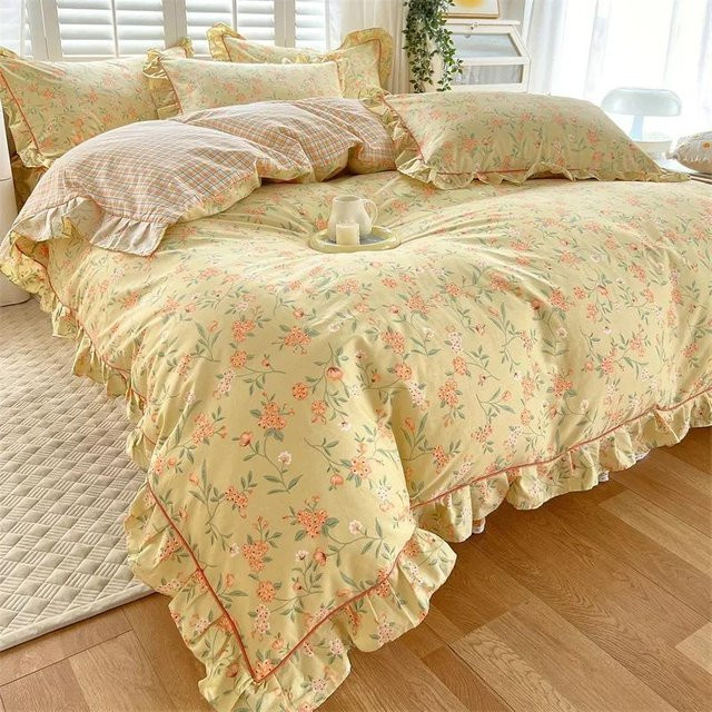 Bin Chi Textiles Bettbezug-Set mit Rüschen im Prinzessinnenstil aus 100% Baumwolle, Floral, Gelb, B/H: 150 x 200 cm - Bild 1