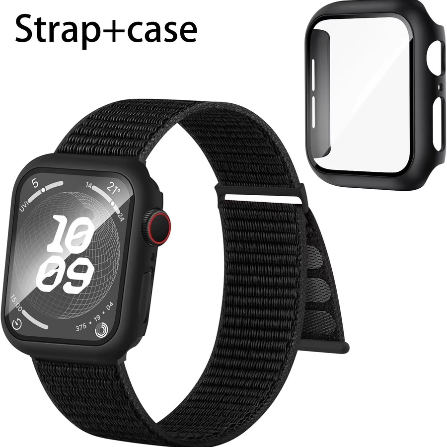 Samusak Uhrenarmband und Schutzhülle für Apple Watch, atmungsaktives Nylonarmband mit Gehäuse, Schwarz, Unisex - Bild 5