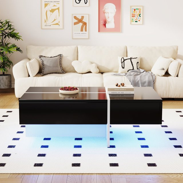 Aosom Couchtisch mit drei Schubladen in Schwarz-Weiß Colorblock, Hochglanz-Design mit App-gesteuerter LED-Beleuchtung - Bild 1