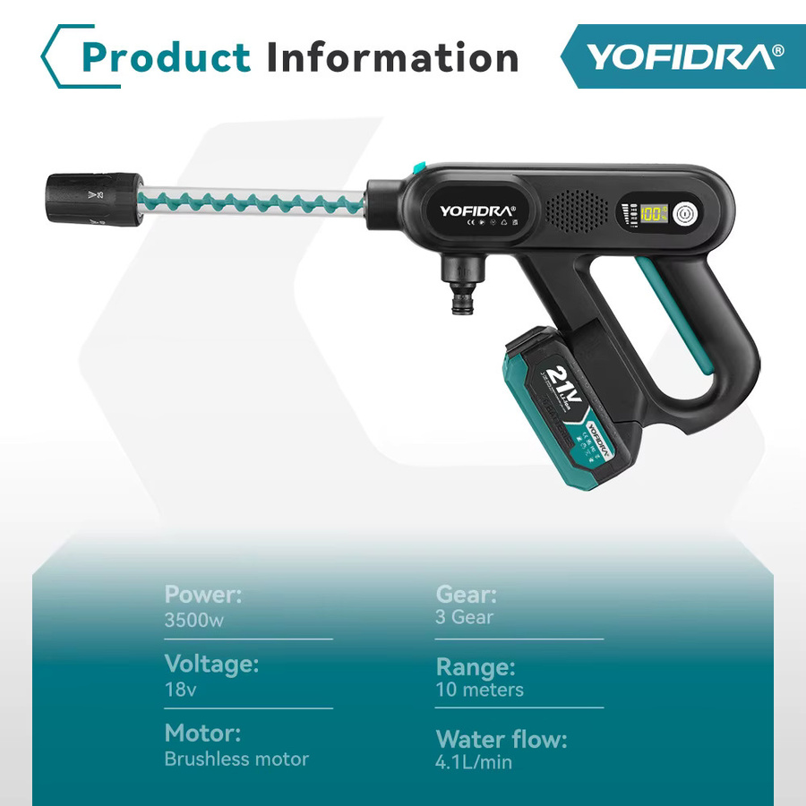 YOFIDRA Bürstenlose Autowaschanlage in Schwarz, 220 Bar, kabelloses Reinigungsgerät mit 3 Gängen für Makita 18–21 V Akku-Pins zur Gartenreinigung und Bewässerung - Bild 2