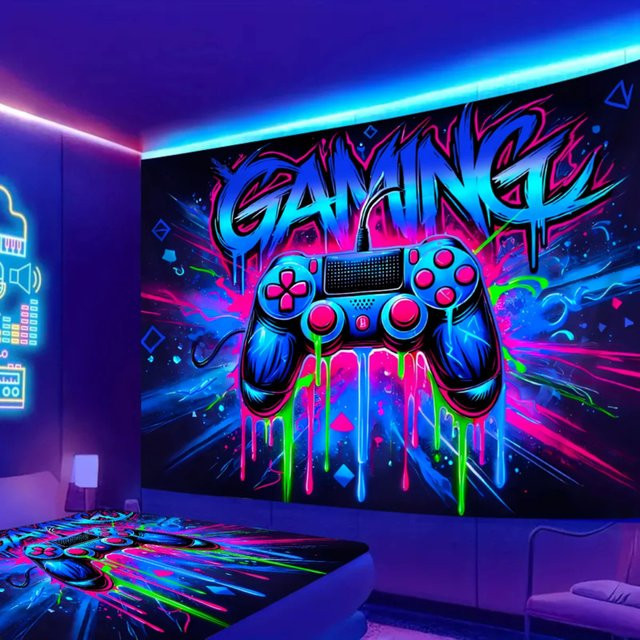 VIKAMA Neon Gaming Controller Wandteppich im Cyberpunk-Design, Mehrfarbig, B/H: 60 x 40 cm - Bild 1
