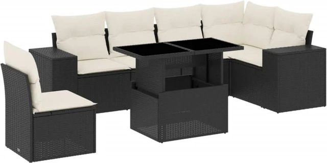 vidaXL 7-teilige Garten-Sofagarnitur in L-Form aus Poly-Rattan und pulverbeschichtetem Stahl in Schwarz mit Kissen - Bild 1