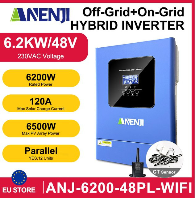ANENJI Hybrid-Solar-Wechselrichter 6,2 kW, 48 V, MPPT 120A Solarladegerät mit reiner Sinuswelle für On-Off Grid Systeme in Blau - Bild 1
