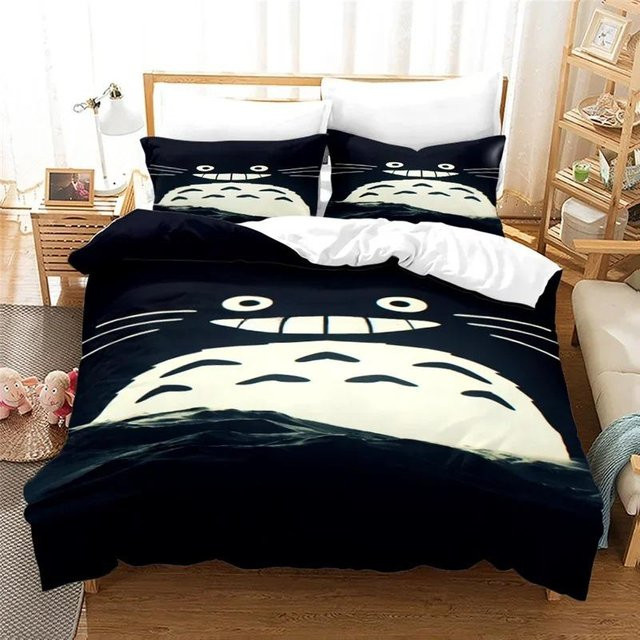 Anime Totoro Bettwäsche-Set mit Bettbezug und Kissenbezug in Schwarz, Design für Erwachsene und Kinder, Breite: 70 cm, Länge: 133 cm - Bild 1