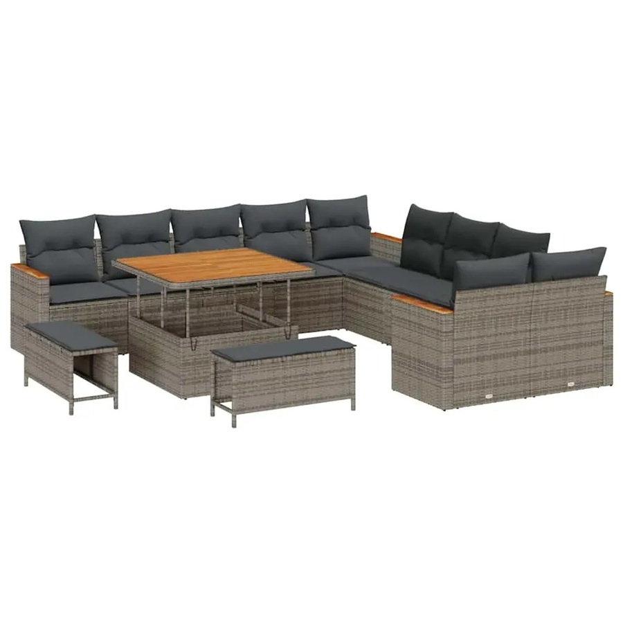 vidaXL 13-teiliges Garten-Sofaset in Grau aus Poly Rattan mit Kissen und Couchtisch im L-Shape Design - Bild 2