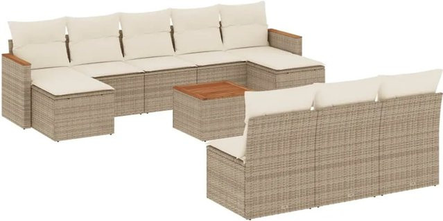 vidaXL 11-tlg. Garten-Sofagarnitur aus PE-Rattan und Akazienholz mit Kissen in Beige und Cremeweiß - Bild 1
