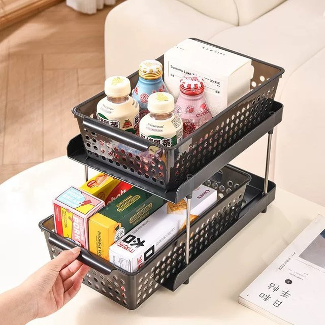 Willstar Ausziehbarer Schrank-Organizer in Schwarz, Doppelschichtiger Schubladeneinsatz aus Kunststoff für Küche und Badezimmer, Breite: 32,0 cm, Tiefe: 26,5 cm - Bild 1