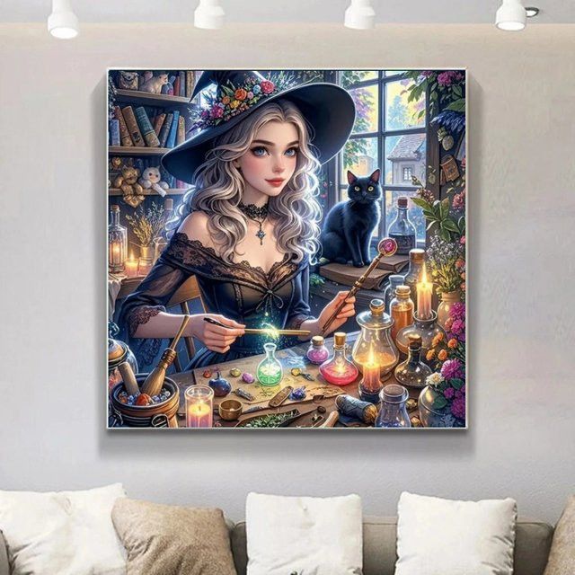 Potdemiel 5D Diamantmalerei DIY Set mit Frauenporträt und Katze als Mosaik-Strassbild - Bild 1