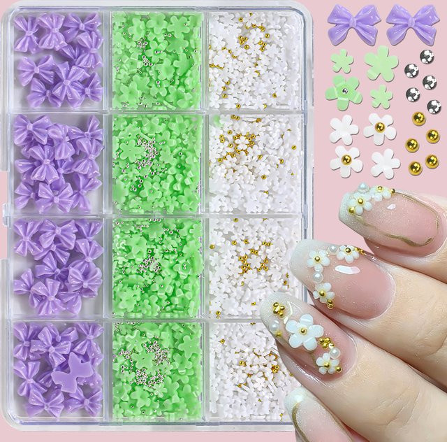 HotPress Nagelcharms Acryl-Blumen, Lila Schleifen, Perlen, Glänzend - Bild 1