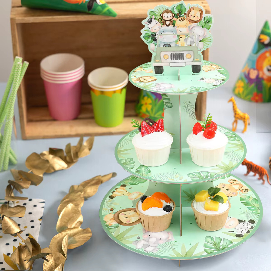 Huiran 3-stöckiger Kuchenständer mit Cartoon Dschungel und Safari Wildtier-Motiv für Geburtstag, Baby Shower und Cupcake-Display - Bild 2