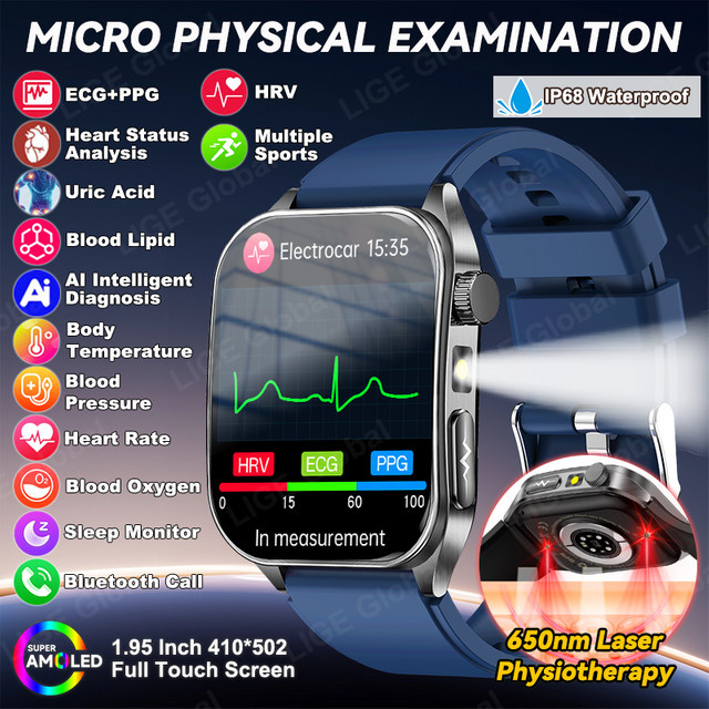 LIGE Smartwatch mit EKG und PPG zur Herzgesundheitsanalyse, Lasertherapie für Blutfett und Harnsäure sowie Bluetooth-Anruffunktion, Schwarz - Bild 1