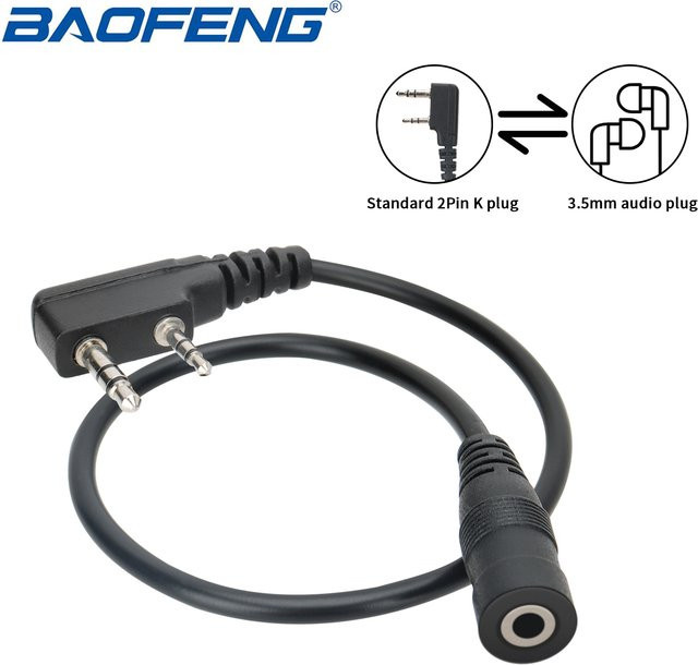 Baofeng 2-poliger Walkie-Talkie-Adapter auf 3,5 mm Klinke, Ohrhörer-Adapterkabel in Schwarz für UV-5R und BF-888S Funkgeräte - Bild 1