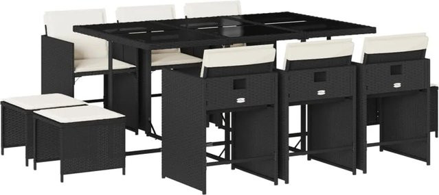 vidaXL 11-tlg Garten-Essgruppe aus Poly Rattan mit Kissen und Hartglas, Schwarz - Bild 1