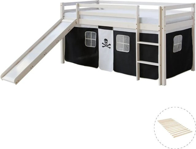 Homestyle4u Hochbett Pirat für Kinder aus Kiefernholz mit Rutsche, Vorhang und Lattenrost in Weiß - Bild 1