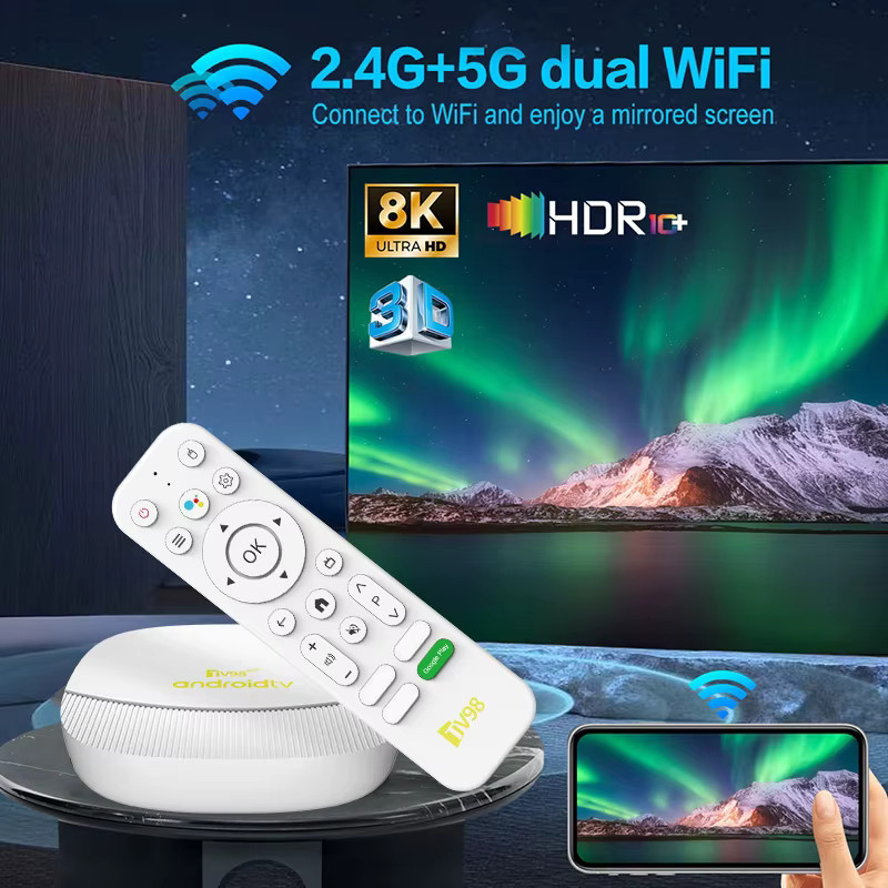 TV98 ATV Max Android 14 TV Box mit Allwinner H313, 2GB RAM, 8GB Speicher, Wifi 6, Bluetooth, 8K 4K AV1 Full HD Smart Media Player und Sprachsteuerung in Weiß - Bild 2