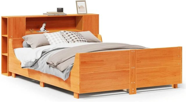 vidaXL Massivholzbett aus Kiefernholz in Wachsbraun mit integrierten Ablagefächern, B/T/H: 140 x 190 x 82 cm - Bild 1