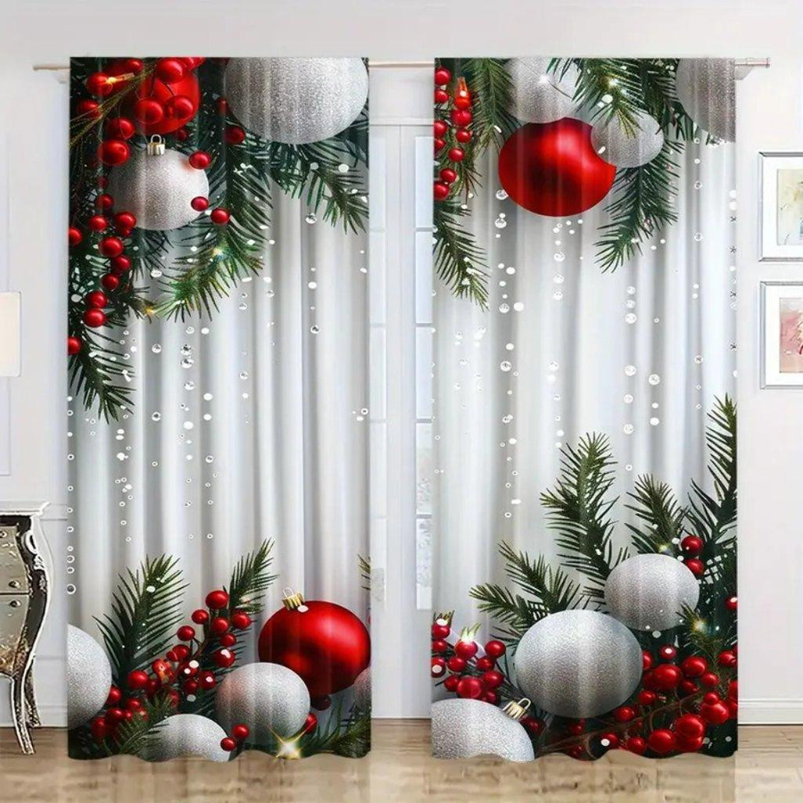 2-teiliges Vorhangset Weihnachten Rustikal in Rot und Grün, halbtransparent mit Ösen, B: 50 cm, H: 160 cm - Bild 1