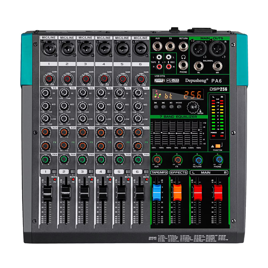 Depusheng Audio-Soundmixer DJ-Konsole mit USB, 48V Phantomspeisung und 256 DSP-Effekten in Schwarz - Bild 7