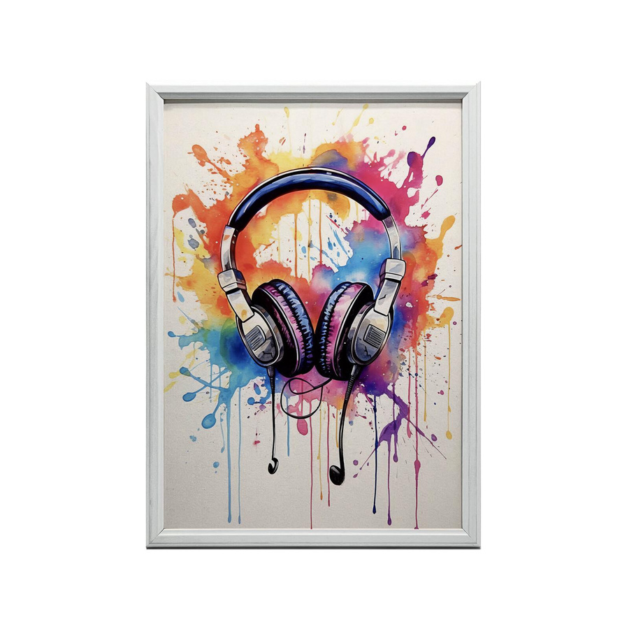 Musik der Farben: Kopfhörer Kunstdruck in Aquarelltechnik, Multicolor, B/H: 30 x 40 cm, mit hellem Eichenholzrahmen und mattem Papier - Bild 2