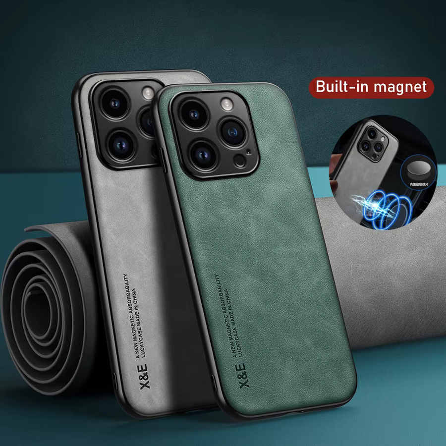 Luxuriöse Lederhülle für Apple iPhone kompatibel mit iPhone 17 Pro Max 16 15 14 13 12 11 Plus in Grau mit Metallplatte für Magnet-Autohalterungen - Bild 2