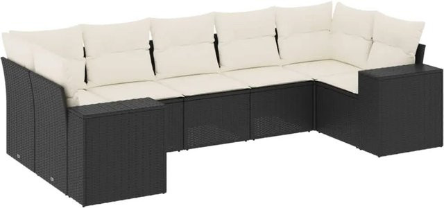 vidaXL 7-tlg. Garten-Sofagarnitur in L-Form aus Poly-Rattan mit Kissen und Polsterung, Schwarz - Bild 1