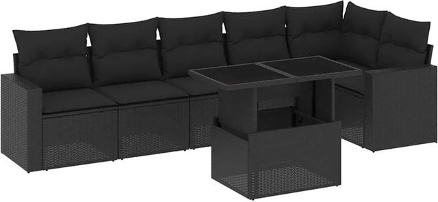 vidaXL 7-tlg. Garten-Sofagarnitur in L-Form aus Poly-Rattan und pulverbeschichtetem Stahl mit Kissen in Schwarz - Bild 1