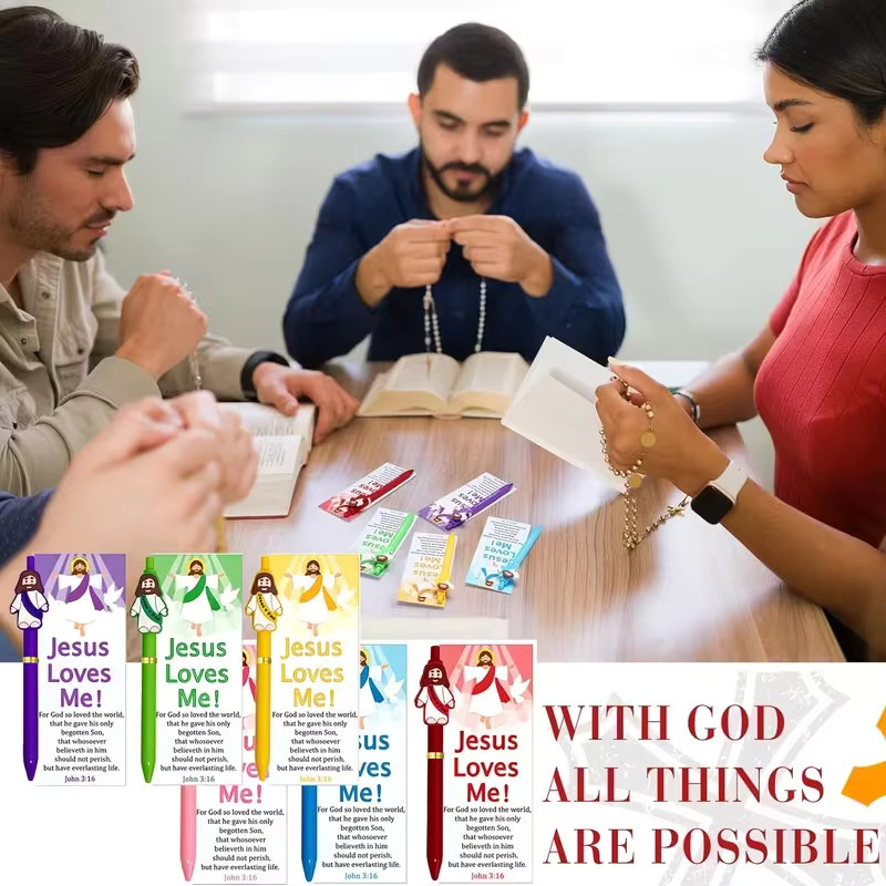 Set aus christlichen Kugelschreibern für Ostern und Weihnachten mit Jesus liebt dich Grußkarte und goldfarbenem Krawattenbinder, mehrfarbig - Bild 5