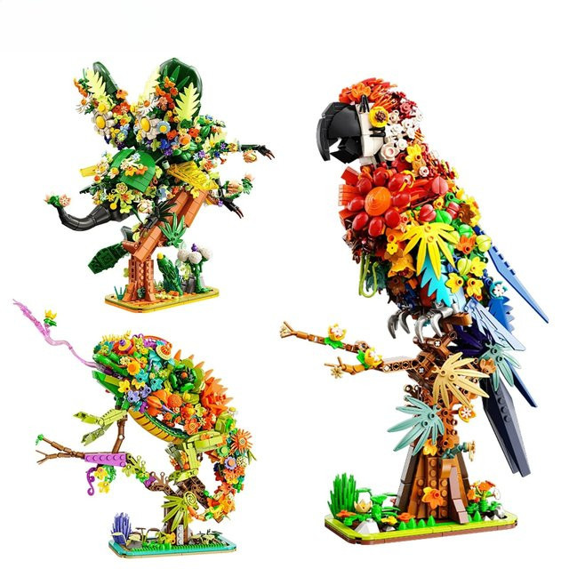 MOC Blumen Tiere Serie Bausteine Set Dschungel Igel und Papagei in Mehrfarbig - Bild 1
