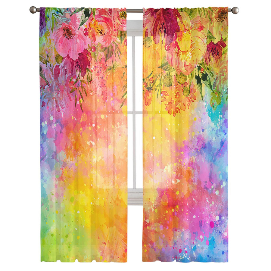 Transparente Tüllvorhänge von Binchi Outdoor Equipment mit Aquarellblumen in Multicolor, Breite: 135 cm, Höhe: 114 cm - Bild 3