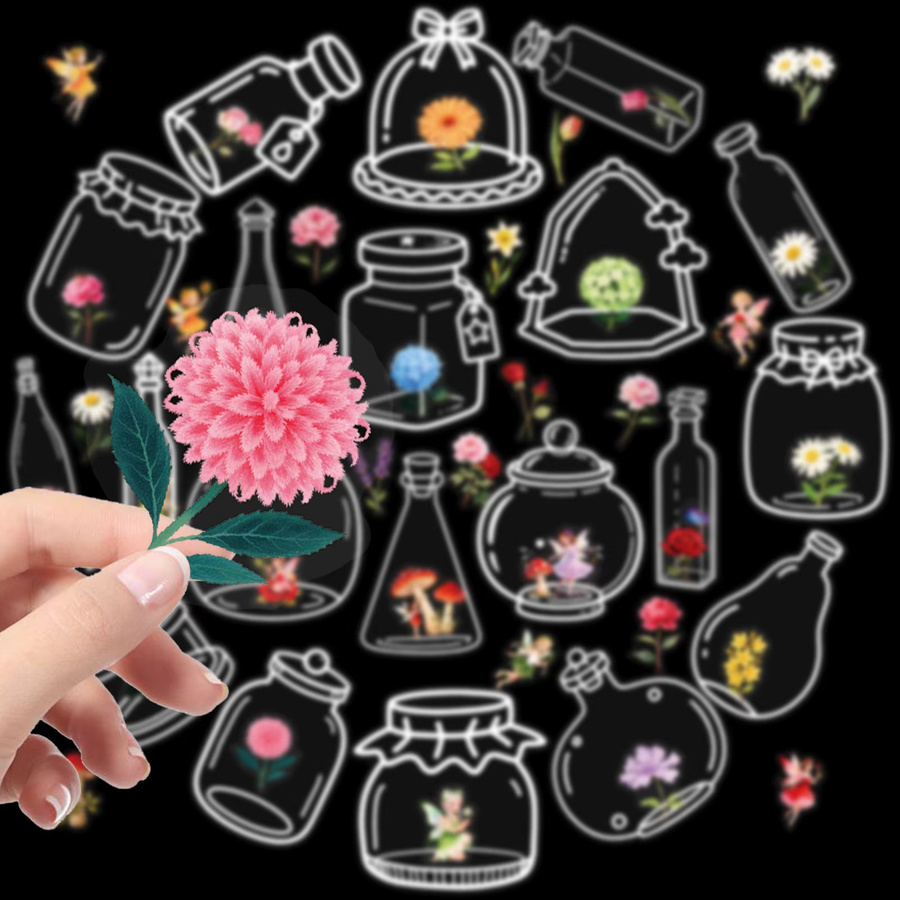 56 bis 112 Stück Transparente PET Aufkleber mit Blumen- und Flaschenmotiven für kreative Schreibwaren und Dekorationen in Multicolour - Bild 2