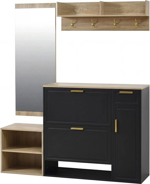 okwish Garderoben Set mit Schuhschrank Sitzbank und Spiegel in Schwarz, B/T/H: 139,5 x 35,0 x 166,0 cm - Bild 1