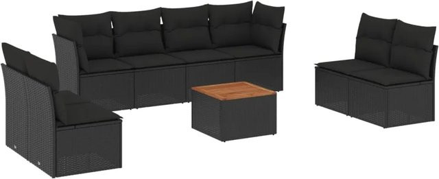 vidaXL 9-tlg Garten-Sofagarnitur aus Poly-Rattan und Akazienholz in Schwarz und Braun mit Kissen - Bild 1