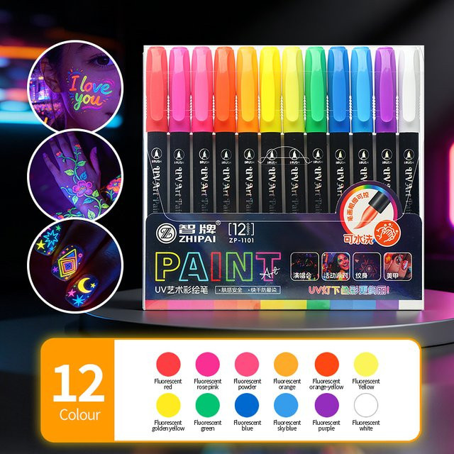 ZHIPAI 12-teiliges UV-Leuchtmarker-Set mit abwaschbaren Neon-Farben in Multicolour für Raves, Partys und Graffiti - Bild 1