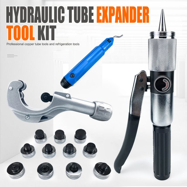 QDS Hydraulikrohr-Expander-Werkzeugsatz in Silber mit 11 Expanderköpfen für Kupferrohre in Klimaanlagen und Kühlschränken - Bild 1