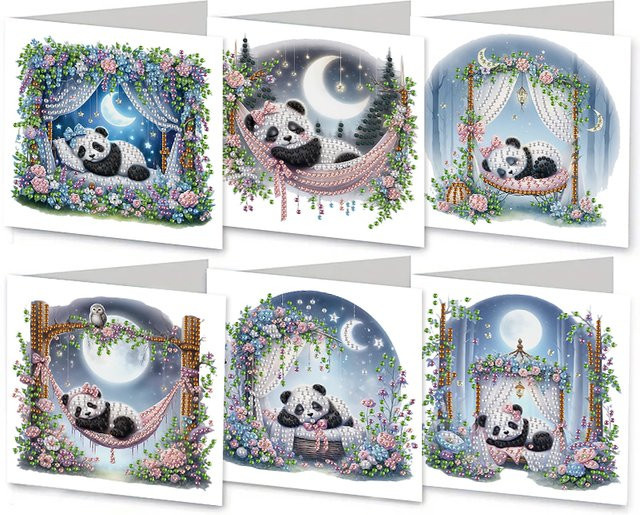 6er Set DIY Diamantmalerei Grußkarten mit Panda-Motiv in Multicolour, B/H: 30 x 15 cm - Bild 1