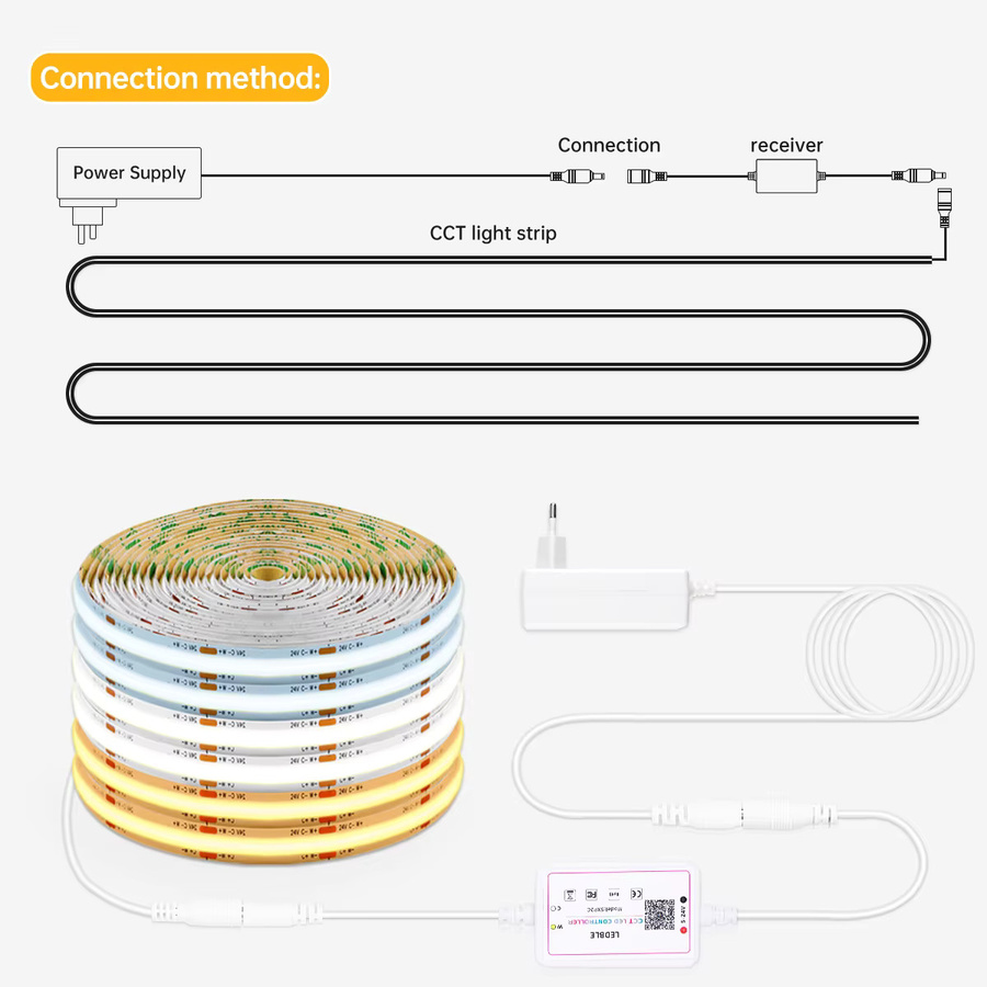 Gyarfas FCOB COB LED-Streifenleuchte 24V mit Bluetooth und Fernbedienung, dimmbar CCT 2700K-6500K Dual-Weiß, 576 LEDs/m - Bild 3