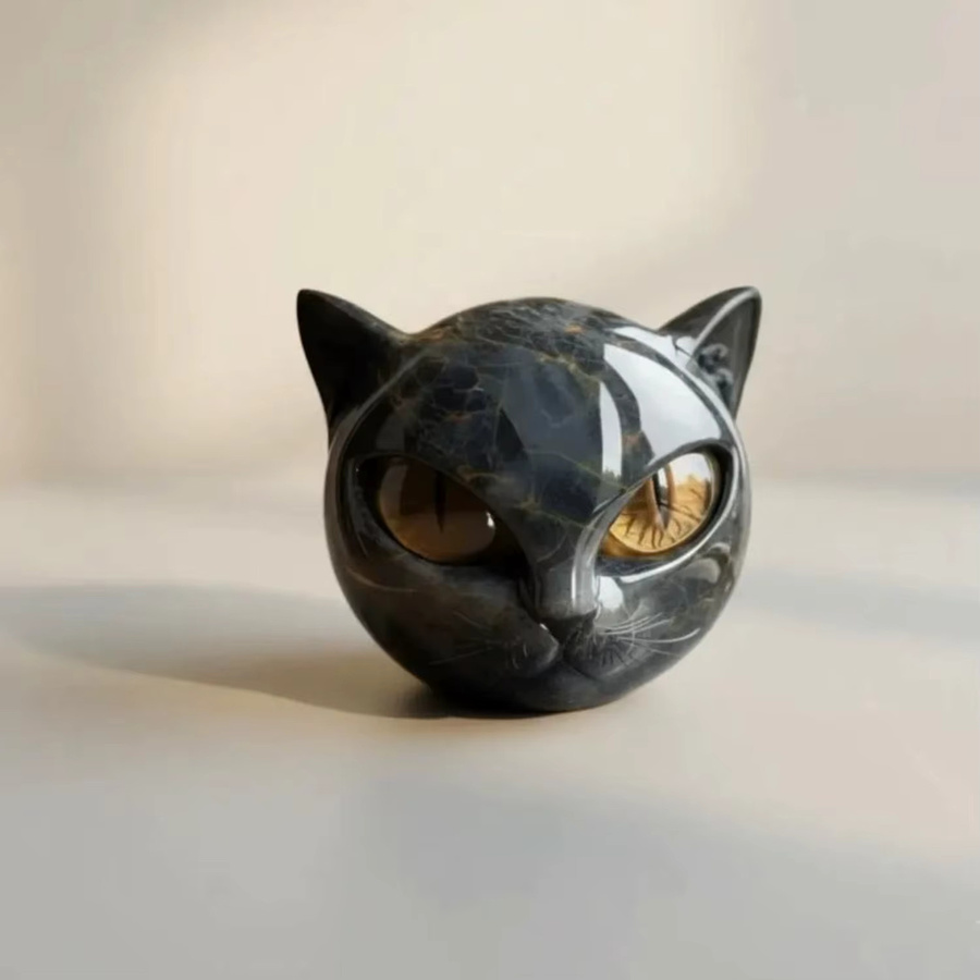 Handgeschnitzte Katzenkopfstatue von CrystalHola in Schwarz mit Marmorstruktur aus Kunstharz - Bild 5