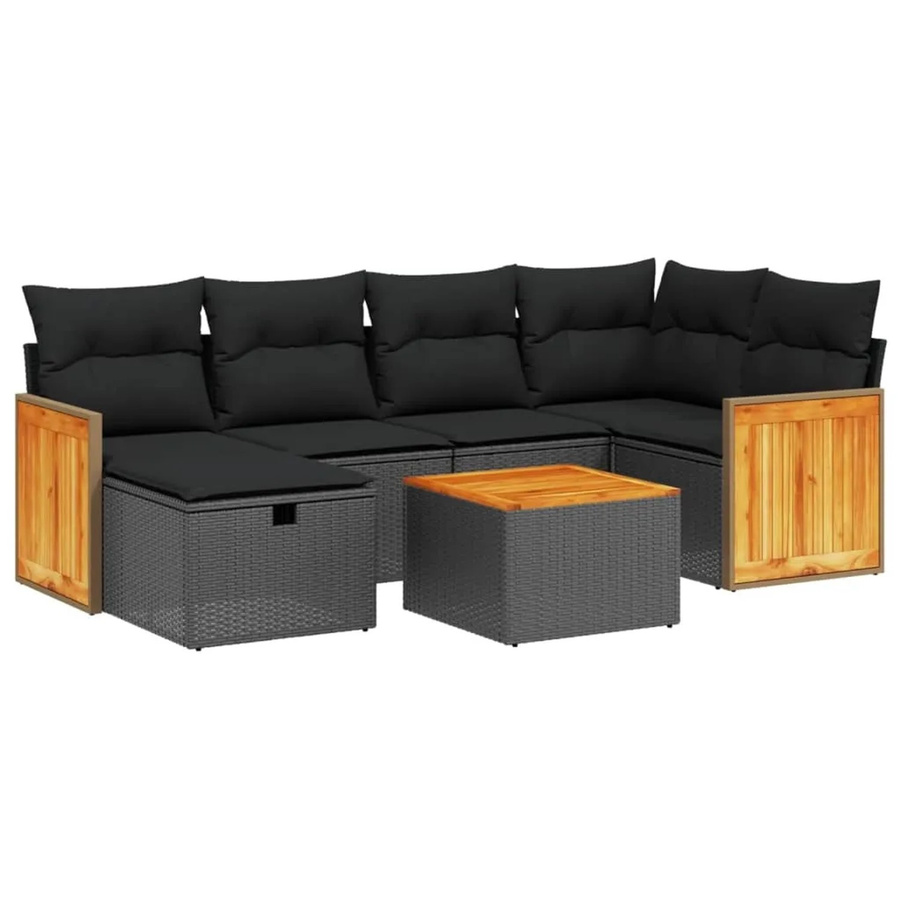 vidaXL 7-tlg Garten-Sofagarnitur aus Poly-Rattan und Akazienholz in Schwarz mit Kissen Modell 187 - Bild 2