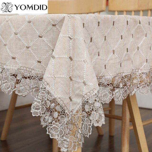 YOMDID Baumwolle Tischdecke mit Blumen-Stickerei und Spitze in Beige für Hochzeit und Weihnachtsdekoration - Bild 1